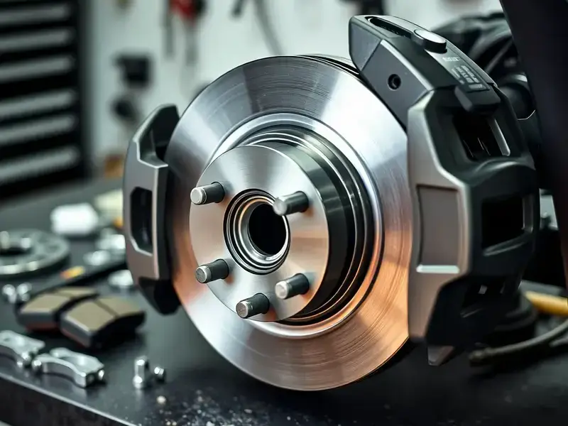 Detailed brake system components on workbench
