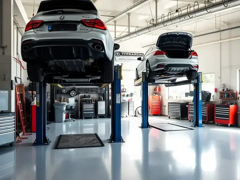 Professional service bay with vehicle lift and brake equipment