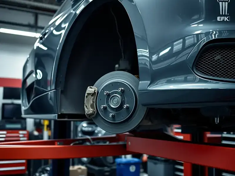 Vehicle on lift with brake components visible